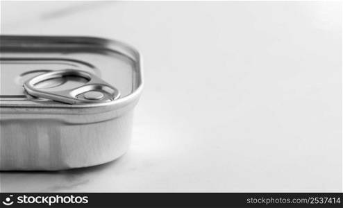 close up silver tin can with copy space