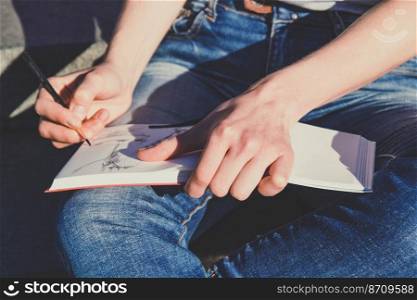 Close up sketch concept photo. Plein air painting. Lay in jeans. Side view photography with woman hands on background. High quality picture for wallpaper, travel blog, magazine, article. Close up sketch concept photo