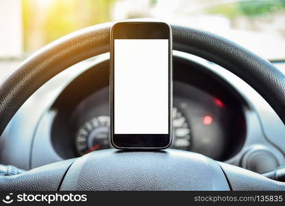 Close up Smartphone using in car,Car pared on road