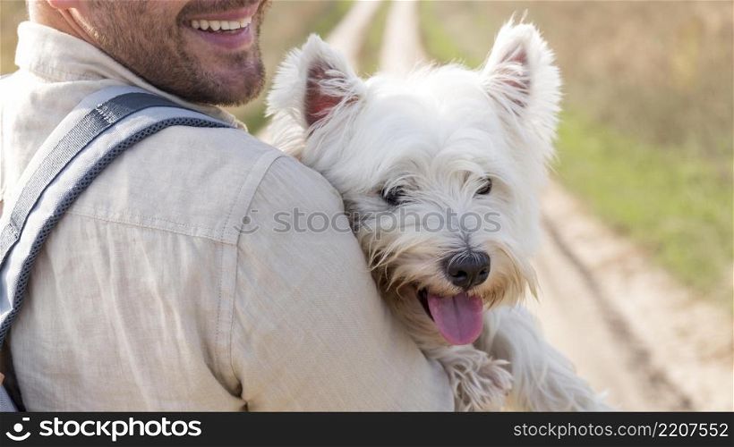close up smiley man with dog
