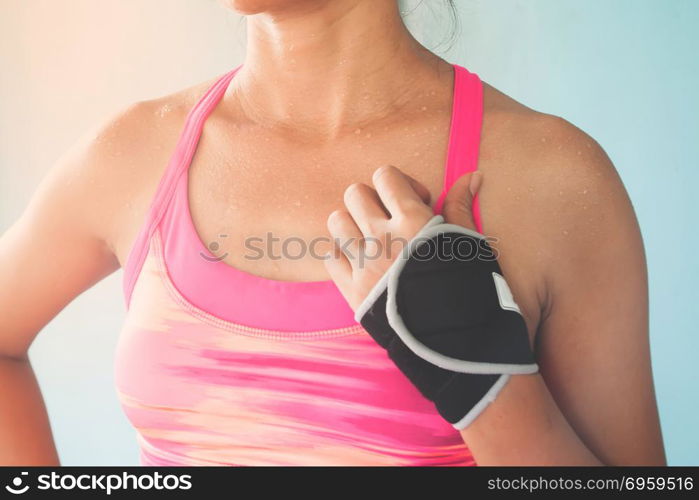 Close up sporty woman in pink color sport bra, Breast cancer, He. Close up sporty woman in pink color sport bra, Breast cancer, Healthy lifestyle