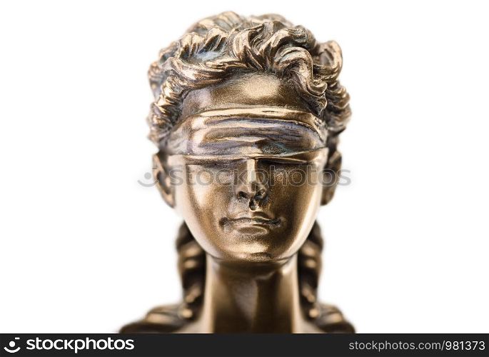 Close up statue of justice isolated on white background