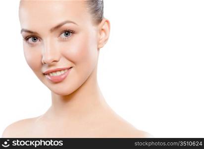 close-up studio portrait of young adult caucasian woman smiling, isolated on white - space for copy