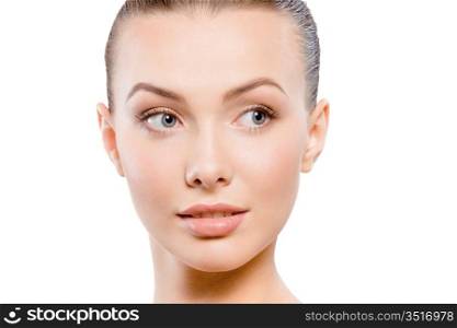 close-up studio portrait of young beautiful woman - natural beauty concept