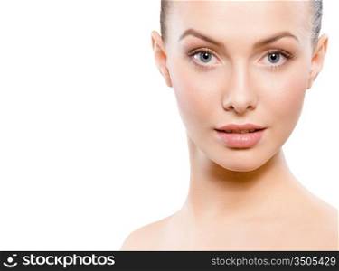 close-up studio portrait of young beautiful woman - space for copy