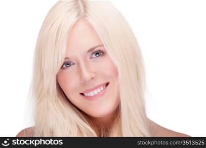 close-up studio portrait of young blond smiling - space for copy