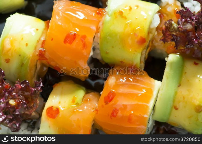 Close up sushi in plate. Diverse sushi