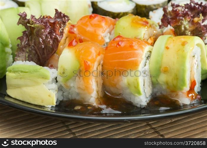 Close up sushi in plate. Diverse sushi
