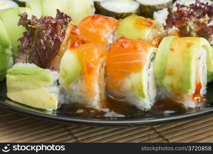 Close up sushi in plate. Diverse sushi