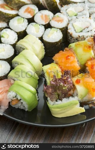 Close up sushi in plate. Diverse sushi