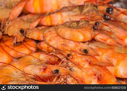 Close-up, tasty grilled shrimp with sauce on a plate.