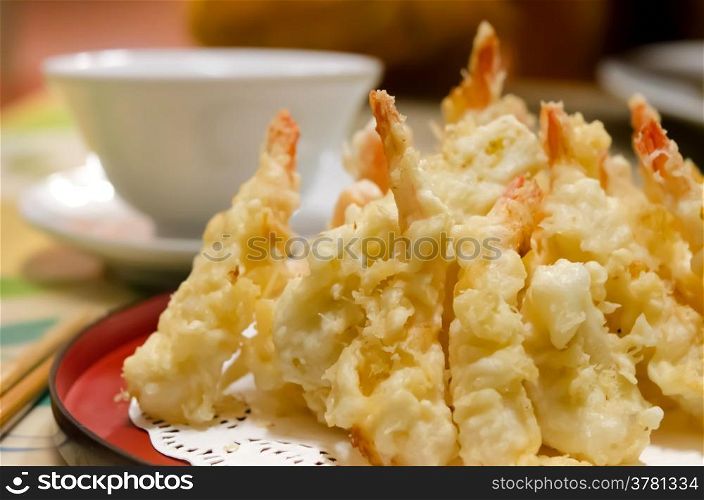 close up Tempura ( deep fried Shrimps) served with sauce on dish