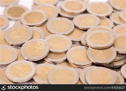 Close up top view image of large amount of Euro money coins.