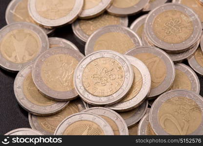 Close up top view image of large amount of Euro money coins.