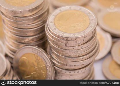 Close up top view image of large amount of Euro money coins.