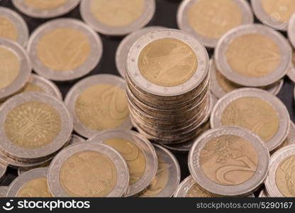 Close up top view image of large amount of Euro money coins.