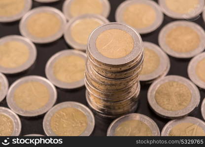 Close up top view image of large amount of Euro money coins.