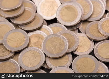 Close up top view image of large amount of Euro money coins.