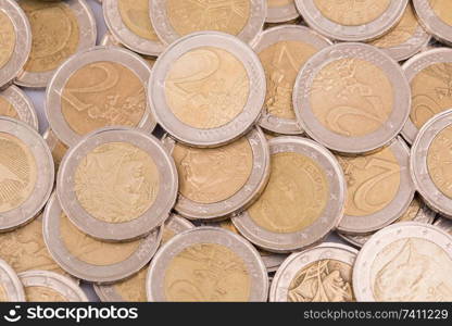 Close up top view image of large amount of Euro money coins.