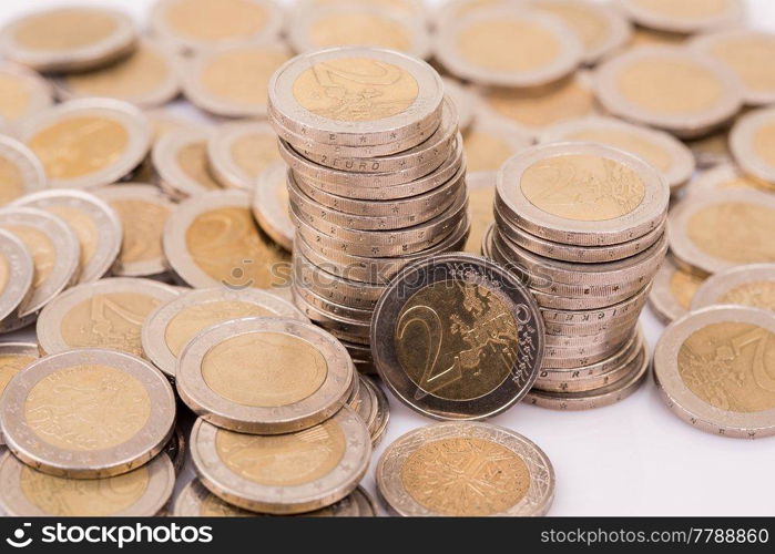 Close up top view image of large amount of Euro money coins.