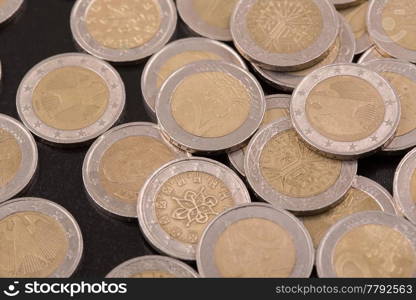 Close up top view image of large amount of Euro money coins.