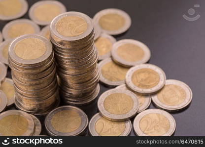 Close up top view image of large amount of Euro money coins.. euro coins