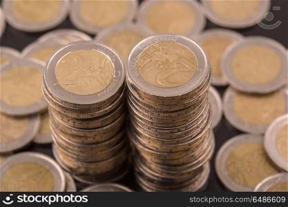Close up top view image of large amount of Euro money coins.. euro coins