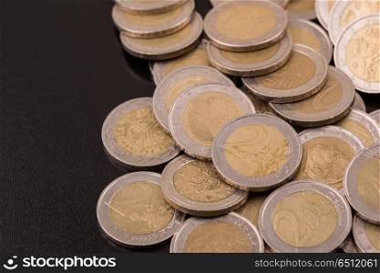Close up top view image of large amount of Euro money coins.. euro coins
