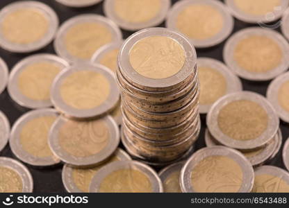 Close up top view image of large amount of Euro money coins.. euro coins