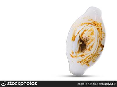 Close up top view of dirty dish isolated on white background
