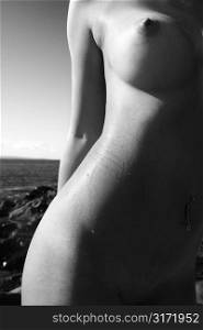 Close up torso of nude Caucasian young adult woman standing on rocky Maui coast.
