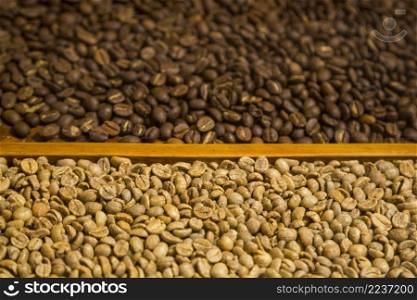close up two types coffee beans background