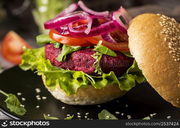 close up vegetarian burger plate