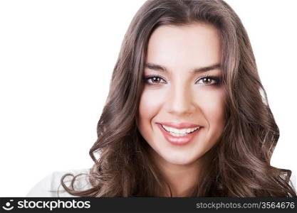 close-up vertical portrait of cheerful woman on white background