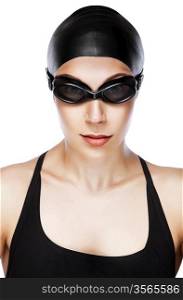 close-up vertical portrait of swimmer on white background