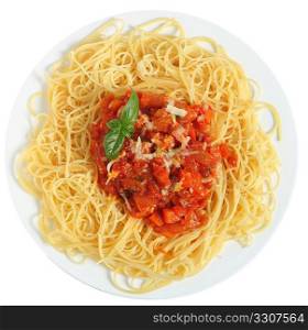 Close-up vertical view of Spaghetti al Pomodoro - spaghetti with tomato and vegetable sauce, topped with grated parmesan - a traditional Italian dish.
