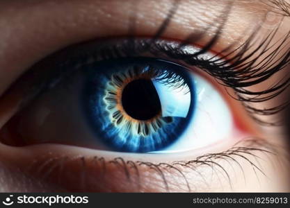 Close up view at a colored human eye created with generative AI technology