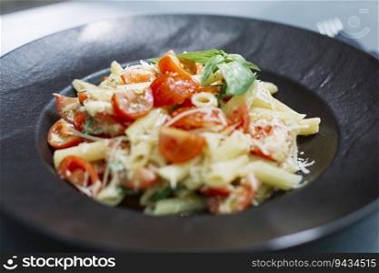 Close up view at penne pasta with cheese and cherry tomato