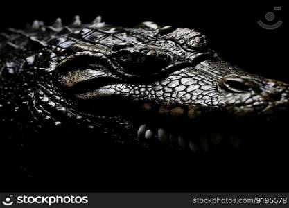 Close up view crocodile. Wild animal isolated on a black background. Neural network AI generated art. Close up view crocodile. Wild animal isolated on a black background. Neural network AI generated