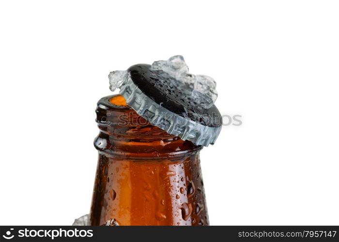 Close up view of a beer bottle neck, with cap off, covered with ice and condensation. Layout in horizontal format isolated on white. Focus on bottle cap with shallow depth of field.