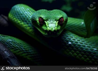 Close-up view of a green snake. Generative AI