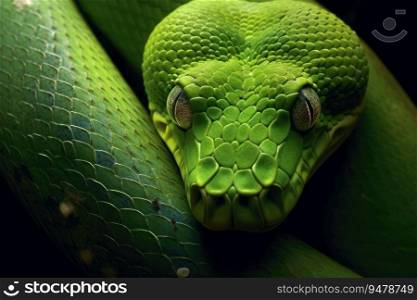 Close-up view of a green snake. Generative AI