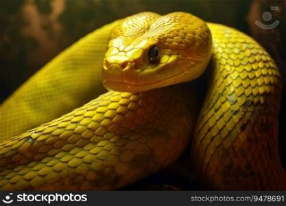 Close-up view of a yellow snake. Generative AI