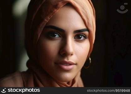 Close up view of a young woman with a headscarf created with generative AI technology