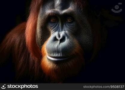 Close up view of an orang utan against a dark background created with generative AI technology