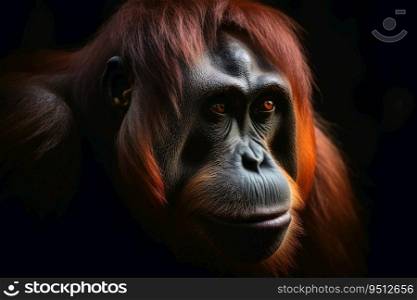 Close up view of an orang utan against a dark background created with generative AI technology