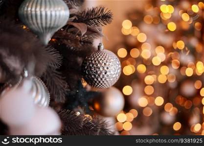 Close up view of beautiful fir branches with shiny golden bauble or ball, xmas ornaments and lights, Christmas holidays background. copy space. Decoration on christmas tree. Festive new 2024 year.. Close up view of beautiful fir branches with shiny golden bauble or ball, xmas ornaments and lights, Christmas holidays background. copy space. Decoration on christmas tree. Festive new 2024 year