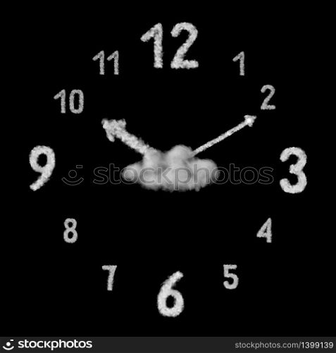 Close up view of big creative clock made from white clouds or smoke on a black background with copy space.. Creative clock made from white clouds on a black background.