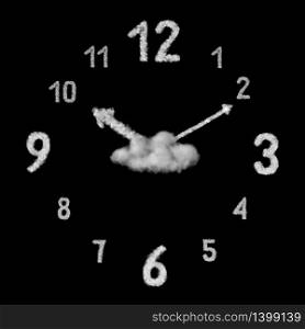 Close up view of big creative clock made from white clouds or smoke on a black background with copy space.. Creative clock made from white clouds on a black background.
