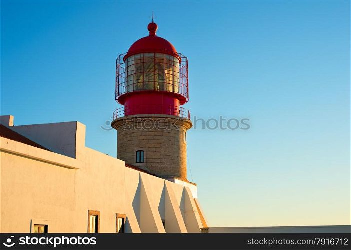 Close-up view of Cabo Sao Vicente lighthouse, Sagres, Algarve region, Portugal